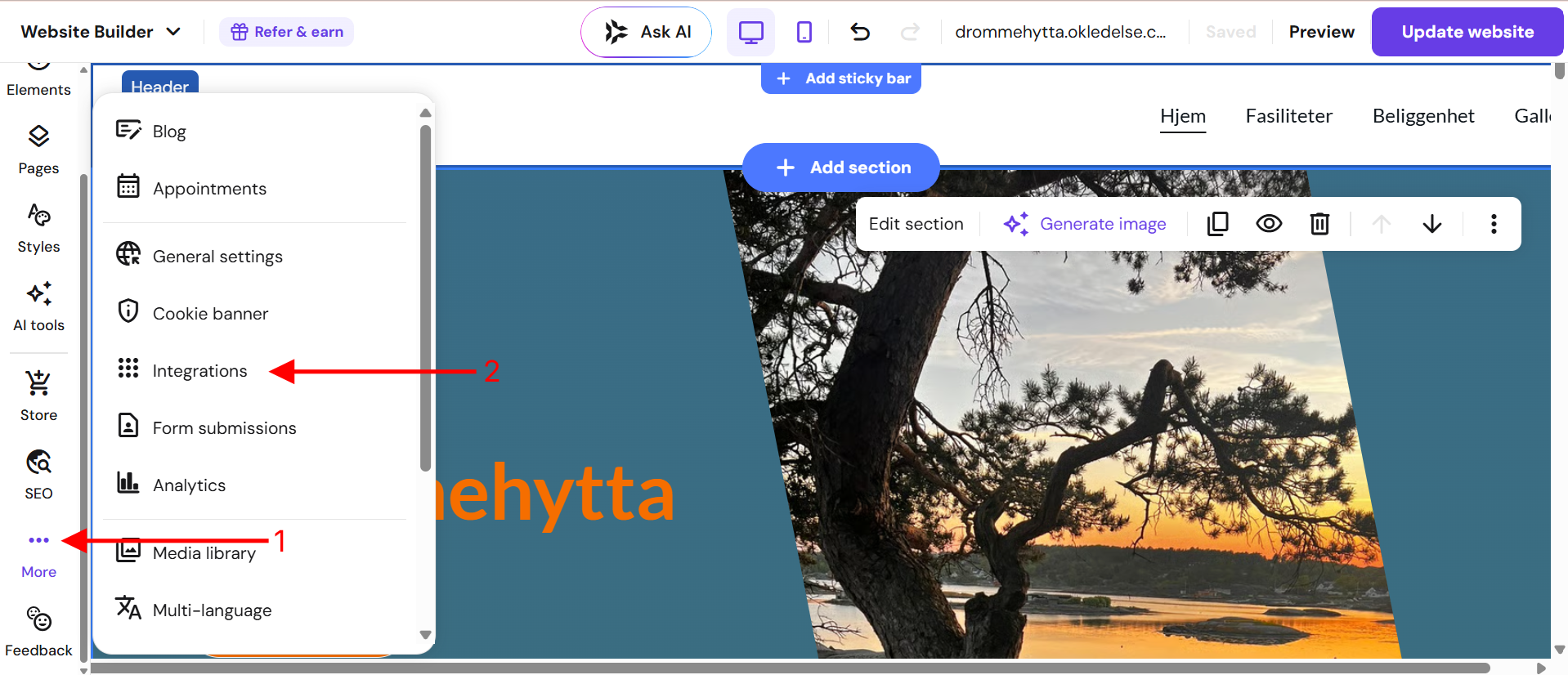 More-menyen i Hostinger, åpen med valget Integrations