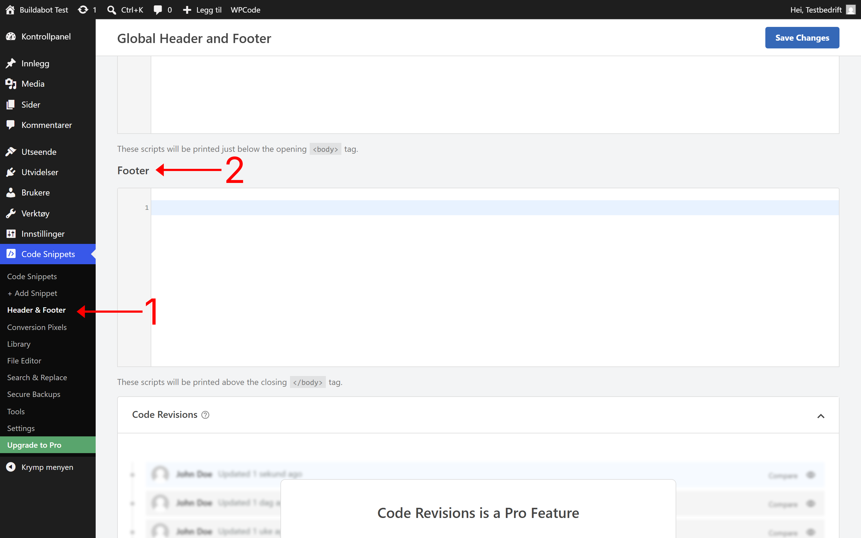 Header & Footer-siden i WPCode med tomt Footer-felt