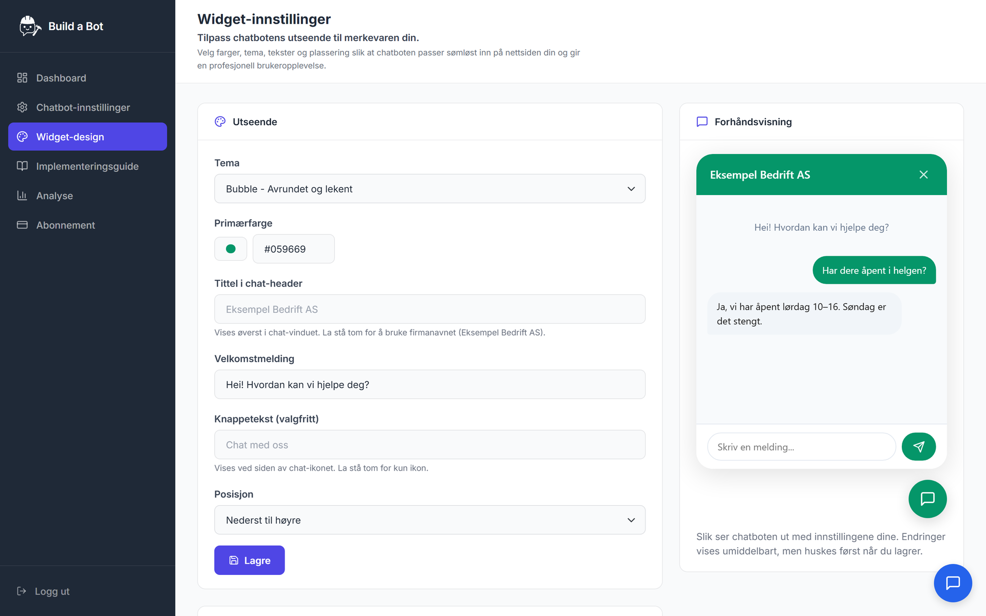 Widget-design-siden med innstillinger for tema og farger ved siden av en live forhåndsvisning av chatboten