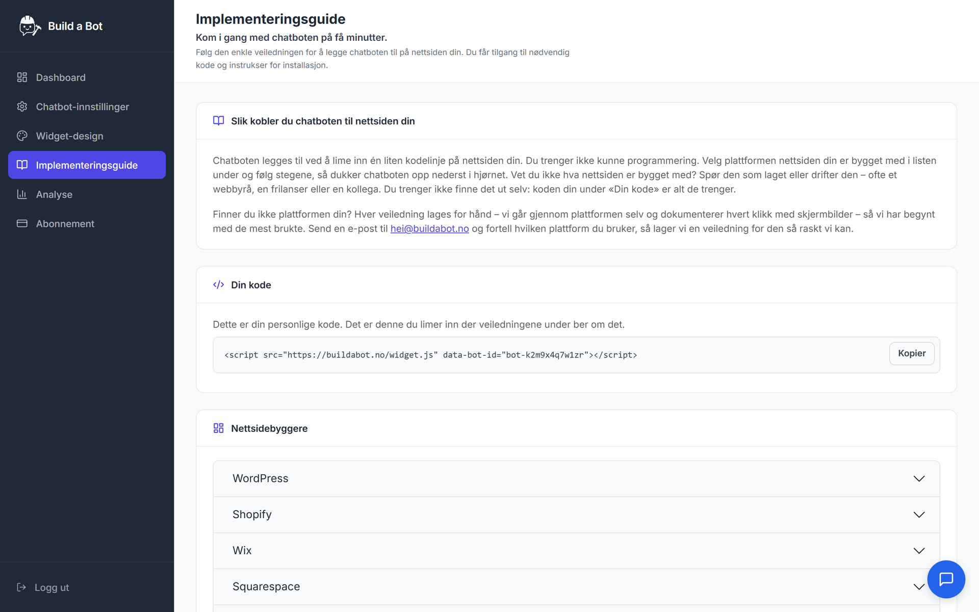 Implementeringsguiden med personlig kodesnutt og veiledninger for ulike nettsidebyggere